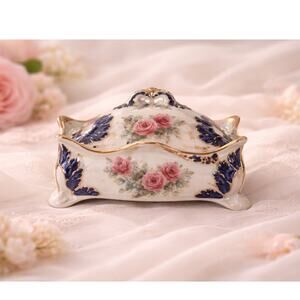 Sociporal Portugal Trinket Box Floral Footed Covered Dish Gold Trim Blue